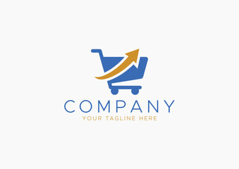 Dynamic E-commerce Growth Logo Vector, Shopping Cart with Upward Trending Orange Arrow in Blue