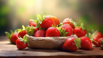 ripe, juicy strawberries, wooden bowl, natural lighting, green leaves, vibrant colors, rustic table, lush vegetation, high-resolution, photographic, detailed
