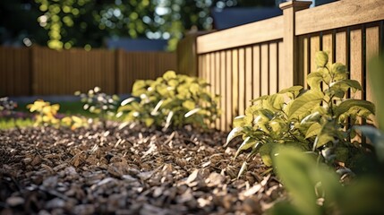 backyard, garden, wooden fence, fallen leaves, lush foliage, sunlight filtering through trees, natural landscape, cozy outdoor setting, tranquil atmosphere, peaceful vignette
