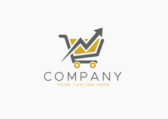 Finance and E-commerce Logo Vector, Shopping Cart with Abstract Upward Chart Graph in Grey and Gold/Yellow