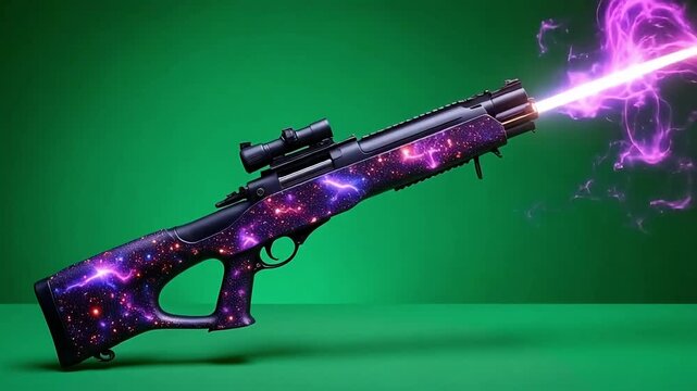 Futuristic rifle fires a bright purple energy blast against a dark green background