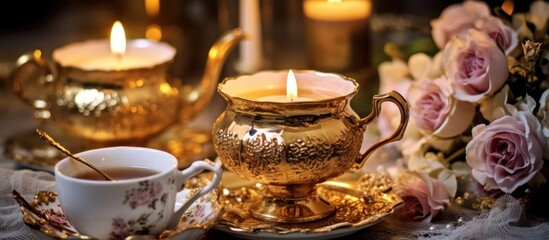 vintage styled tea party, elegant table setting, gilded tea pot, floral decor, glowing candles, opulent ambiance, ornate china, luxurious desserts, dreamy atmosphere, warm lighting, vintage textures, 
