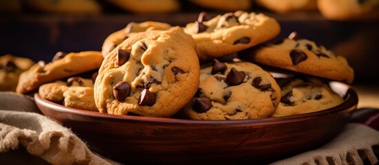 a wooden bowl filled with freshly baked chocolate chip cookies, steam rising from the warm cookies, crisp edges and gooey centers, golden brown hues, close-up shot, high contrast lighting, appetizing 
