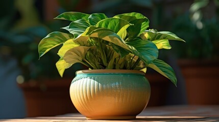 ceramic planter, lush green leafy plant, vibrant colors, natural lighting, wooden table surface, indoor setting, detailed photography, studio lighting
