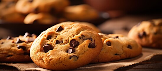 a plate of delicious homemade chocolate chip cookies, freshly baked, with a crispy golden brown exterior and gooey, melted chocolate chips throughout, shot in a warm, cozy, rustic setting with a blurr