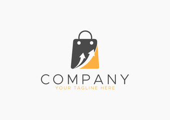 E-commerce and Retail Growth Logo Design with Shopping Bag and Upward Arrow in Grey and Orange