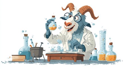 Goat scientist in lab coat examines bubbling concoction
