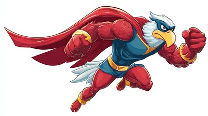 A muscular anthropomorphic eagle superhero with a red cape and costume runs forward powerfully