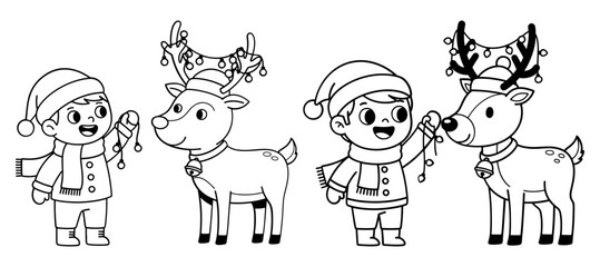 Obraz premium Illustration of children with reindeer and christmas lights, a festive holiday scene