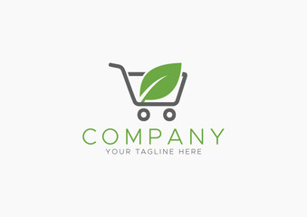 Organic and Eco-Friendly Shopping Cart Logo Icon with Green Leaf Symbol in Minimalist Design