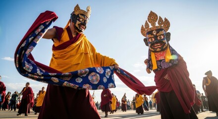 Traditional Masked Dancers Performing Cultural Dance in Bright Outdoor Festival