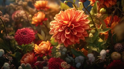 dahlia flowers, vibrant orange petals, lush foliage, dramatic lighting, moody atmosphere, intricate textures, radiant colors, natural depth of field, fine art photography style
