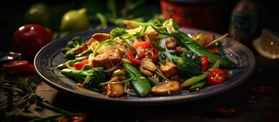 a freshly prepared vegetable stir-fry dish, vibrant colors, fresh ingredients, delicious, appetizing, beautifully plated, high quality photograph, moody lighting, dark background

