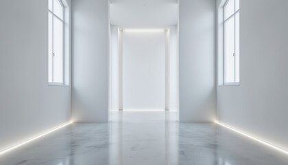 Fototapeta premium Minimalist interior design, pristine white room with elegant long door, epitome of simplicity