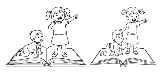 Vector art of two kids pointing to something on a book, coloring page for kids, vector illustration