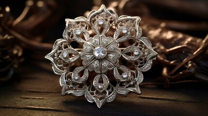 A photo of a silver filigree brooch.