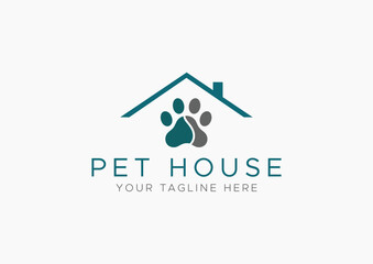 Pet House Logo Vector Illustrating Animal Care, Shelter with a Paw Print and Roof Outline in Teal and Grey