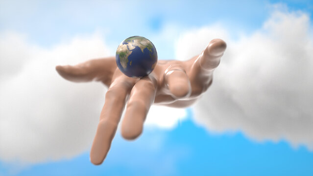 Giant Hand Reaches from Fluffy Clouds Holding Small Earth, Symbolizing Care and Protection for Planet in Serene Blue Sky, Emphasizing Global Connection, Environment, and Nature