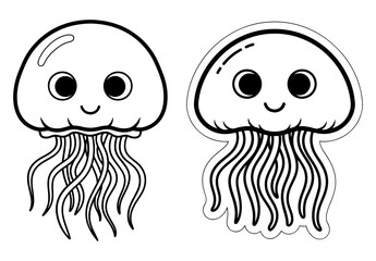 Vector art of two cute jellyfish cartoon, vector illustration for kids coloring book
