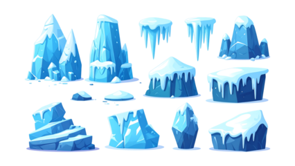 Collection of blue ice formations and icicles isolated on transparent background