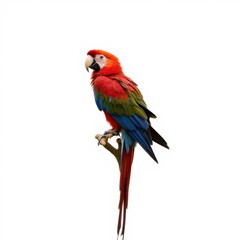 Fototapeta premium Vibrant Scarlet Macaw Perched on Branch Against White Background