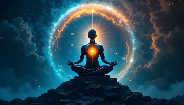 Silhouette of a meditating figure against a cosmic backdrop, radiating inner peace and enlightenment