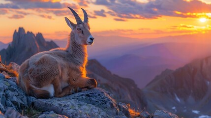 Ibex resting on a rocky peak overlooking a mountain range at sunset with a vibrant orange sky on...