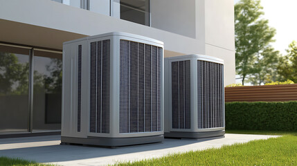Fototapeta premium Exterior view of two air conditioning units placed outside a modern building, providing efficient cooling on a sunny day.