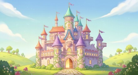 Colorful Fairy Tale Castle with Tall Spires and Flags in Bright Sunny Landscape