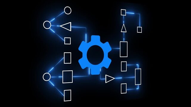 Business process and workflow automation with flowchart. Business and technology concept. Visualizes step-by-step progression through a procedure or system. data security concept. 3d animation