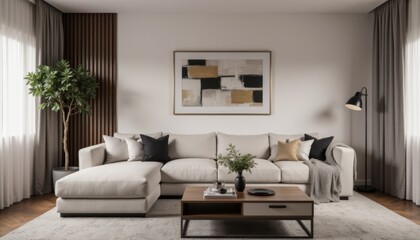Fototapeta premium Modern Living Room with Cozy Sofa and Elegant Decor Elements