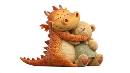 A friendly orange dragon with closed eyes gently hugs a small, seated teddy bear with a green outfit, against a white background; both appear soft and cuddly, in a heartwarming 3D render