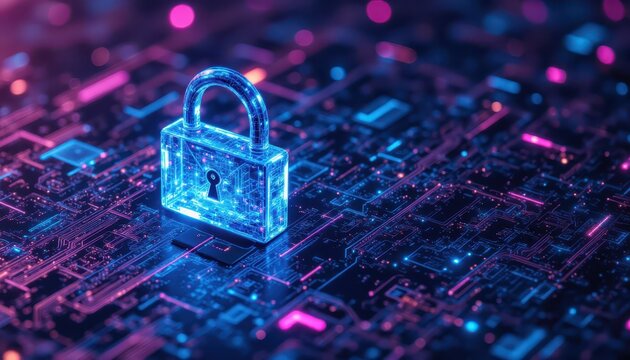 Cybersecurity lock on circuit board, protecting digital data and systems in a purple abstract world