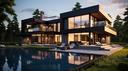 A photo of a sleek black triple-story modern villa.