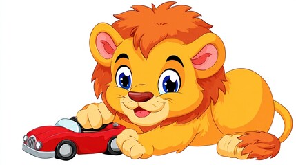 Cartoon lion cub playing happily with a small red toy car on white