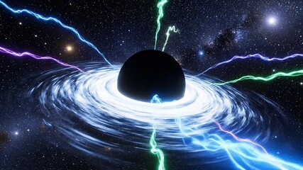 Cosmic Spectacle A powerful black hole with a glowing accretion disk, radiating brilliant, multi-colored energy streams into the deep, star-filled universe - Powered by Adobe