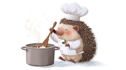 Animated hedgehog chef stirs a pot, steam rising, wearing a toque and chef's whites, joyful expression