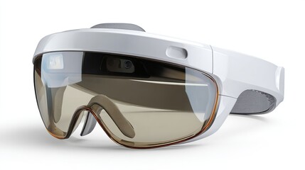 Modern, off-white AR headset with tinted visor and multiple sensors, against a plain white backdrop