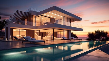 A photo of a sleek modern triple-story villa at sunrise. ,