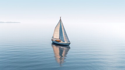 Fototapeta premium sailing boat, peaceful sea, calm water, serene landscape, tranquil scene, minimalist art, monochrome, simple design, clean composition, atmospheric lighting, beautiful scenery, horizon line, outdoor n
