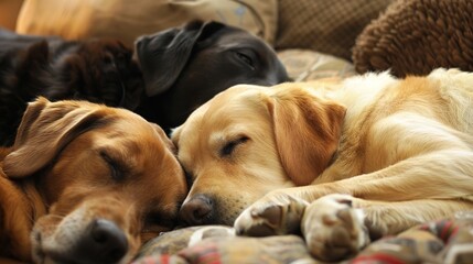 Dogs Sleeping Images, Showing scenes of dogs sleeping curled up on sofas, lying on carpets, nesting in dog beds, and snuggling with owners. Suitable for pet daily record matching images, pet product 