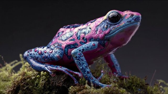 Vibrant pink and blue patterned frog perched atop green moss against a dark backdrop