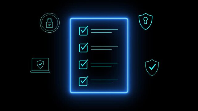 A digital checklist displayed on a glass-like panel, surrounded by security icons symbolizing data protection, privacy, and online safety. Glowing neon background, Motion graphics of data concept