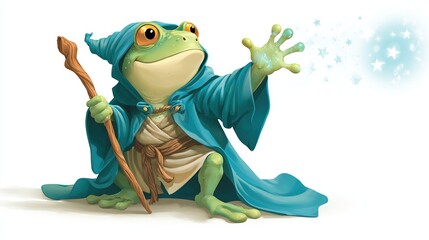 A whimsical frog wizard in blue robes with a staff conjures sparkling stars with a smiling face