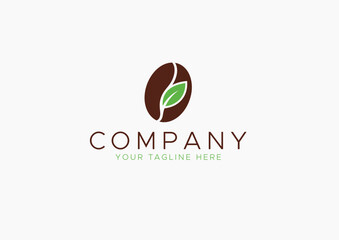 Simple Coffee Bean Logo with Green Leaf, Represents Organic Coffee, Fresh Roasters, Cafeteria, Eco-Friendly Cafe