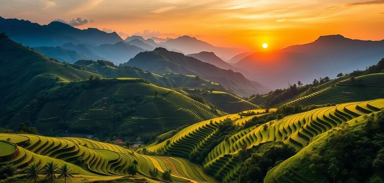 Misty mountain range at sunrise, terraced rice paddies, lush green valley, korea, asia