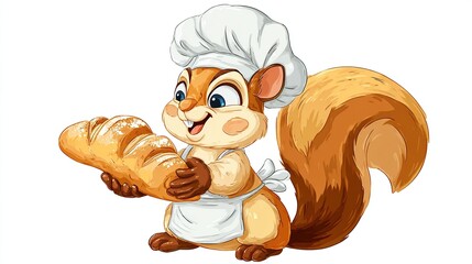 Cartoon squirrel baker smiles, holding a loaf of bread, wearing a chef's hat and apron, on white