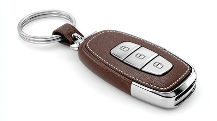 Brown leather car key fob with silver buttons and ring on a white background