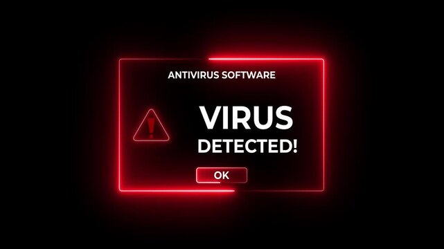 Close-up of antivirus software alert showing virus detection on a computer screen. Important for cyber security awareness and digital safety. Motion graphics of virus concept.