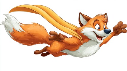 A cheerful, orange fox with a joyful expression, depicted mid-flight, wearing a flowing, gold cape, paws outstretched